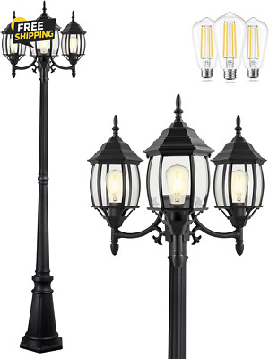 Outdoor Lamp Post Light 3-Head, Classic Black with Clear Glass Panels, E26 Base 