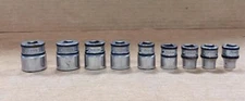 SNAP-ON 9 PC 3/8" DRIVE 6 PT SHALLOW SOCKETS (8mm FSM81- 19mm FSM191) USED.
