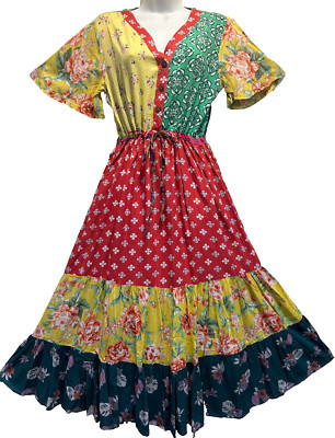 Nwt SACRED THREADS patch gypsy bohemian funky hippy rayon tier DRESS M Free ship