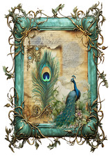 A4 Sheet Rice Paper Decoupage - Ornate Framed Peacock, Feather, Upcycle