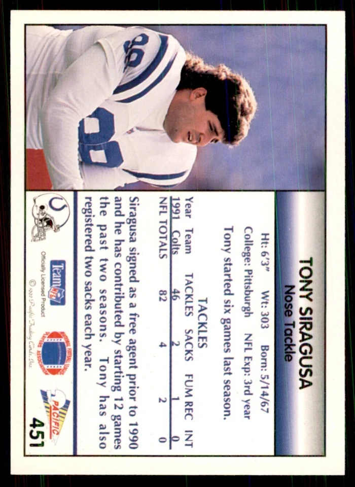 1992 Pacific Tony Siragusa Football Cards #451 - Image 2 of 2