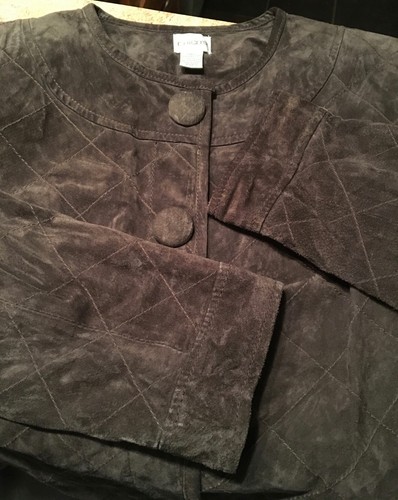 Textured 100% Charcoal colored Leather Chico's Brand jacket, snap front. Size 1 - Picture 10 of 11