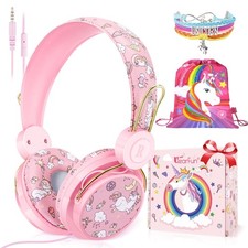 QearFun Sparkly Unicorn Headphones for Girls, Wired Headset with Mic, HD Ster...
