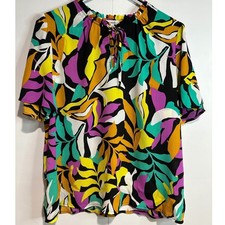 Nine West Top Womens Large Multicolor Tropical Leaf Blouse Resortwear Vacation