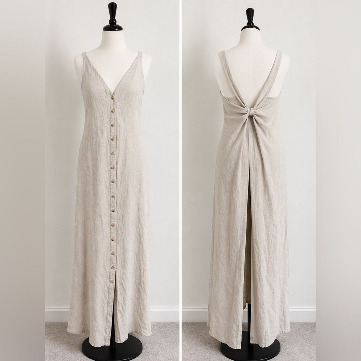 chinese dress ladies Navy Linen Maxi Dress with Button Back main image 1