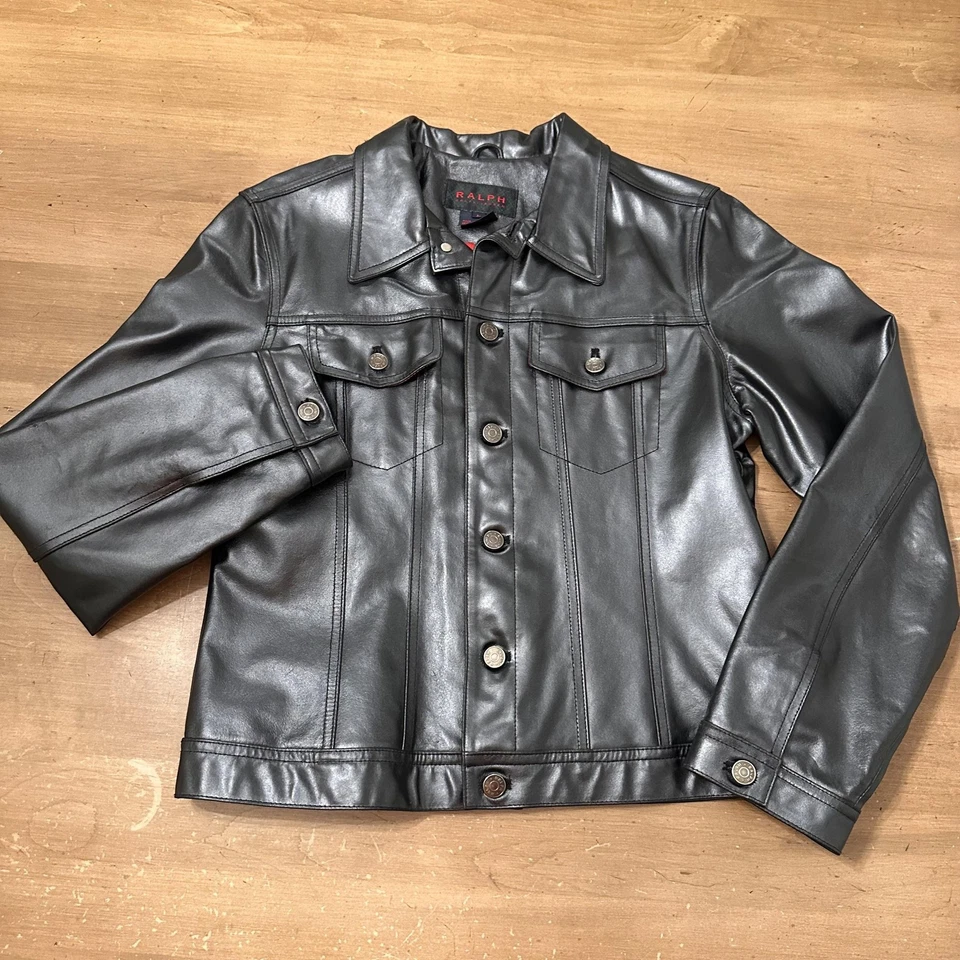 Ralph Lauren Jacket Mens Large Black 100% Leather Trucker Button Front - Image 2 of 4