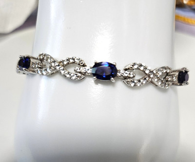 Designer Stamped SUN 925  Blue Sapphire and Diamond Tennis Bracelet 7.5''