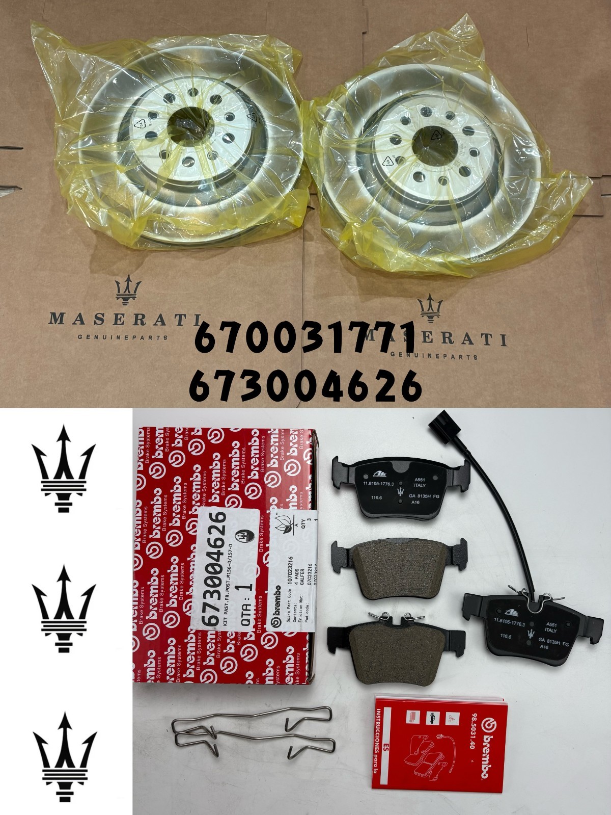 2017-2019 Maserati Levante BASE 3.0L rear brake pads & rotors NO DRILLED