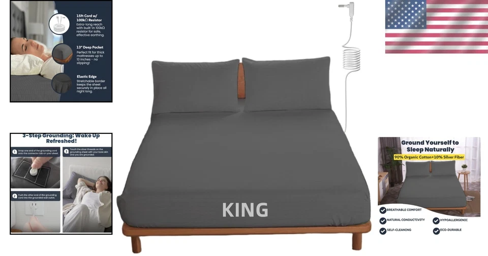 Sábana bajera de algodón orgánico de lujo: tamaño king, 90 % algodón + 10 % fibra plateada Foto 2 de 4