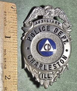 *RARE* OBSOLETE Vintage CHARLESTON, ILLINOIS Civil Defense Aux Police Badge L@@K