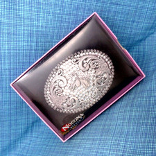 Western Scroll Horse Belt Buckle Rhinestone Cowgirl NOS IOB Vtg Nocona .QRT650.B