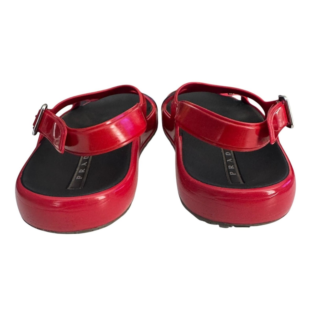 Prada Sandals Mens Size 8 Red Rubber Strap Buckle Flat Shoes 