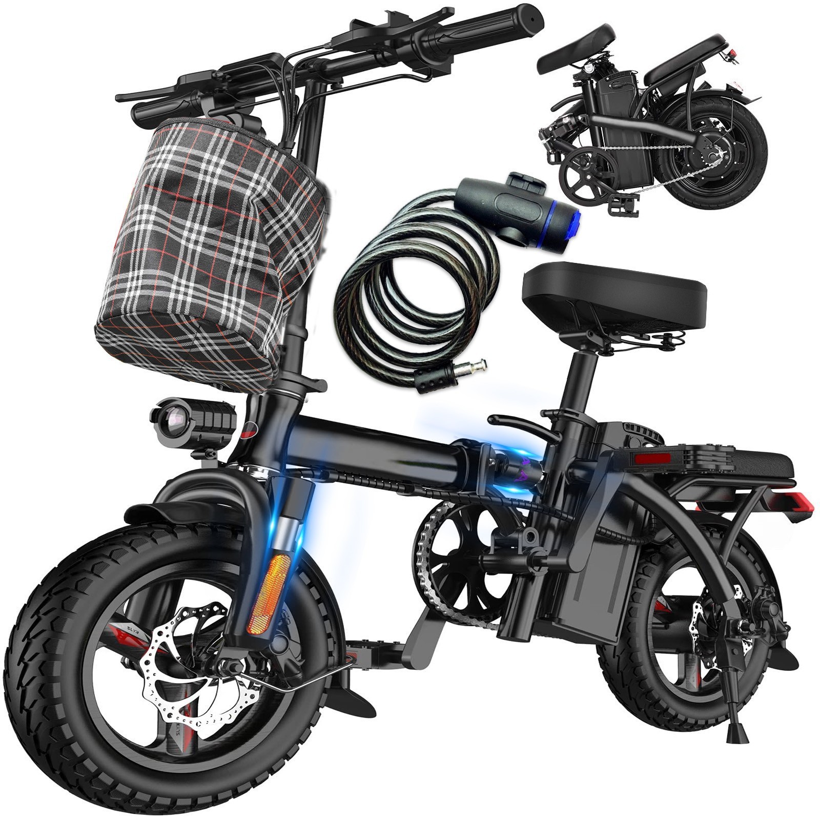 Electric Bike 14'' Folding Ebike 560W Peak 24MPH Fat Tire Commuter Bike Adults