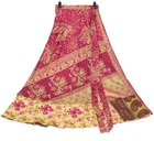 Sushila Vintage Art Silk Saree Magic Wrap Reversible Skirt Floral Beige Beach Dr