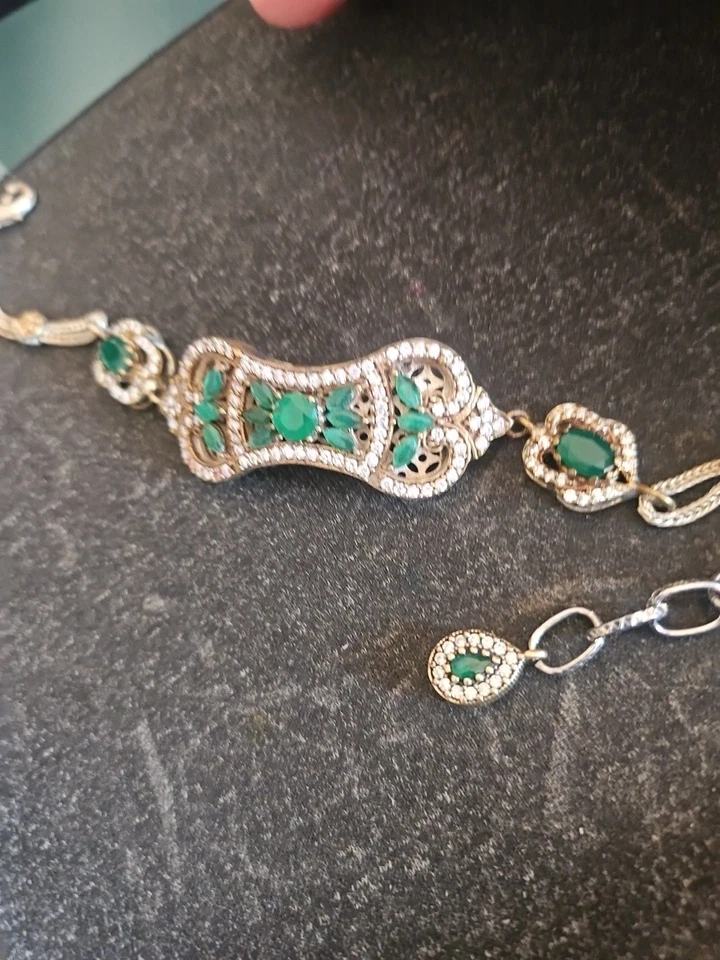 Brazalete de tenis turco de plata de ley 925 con esmeralda de 7-9" nuevo sin etiquetas Foto 3 de 4