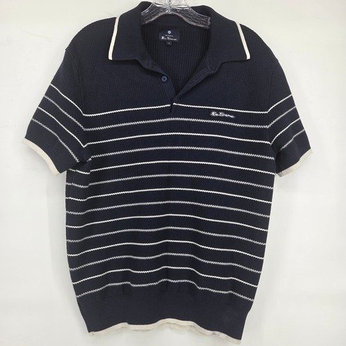 Ben Sherman, Ben Sherman Knit Polo Sweater M Navy Blue Striped Preppy Retro Nautical