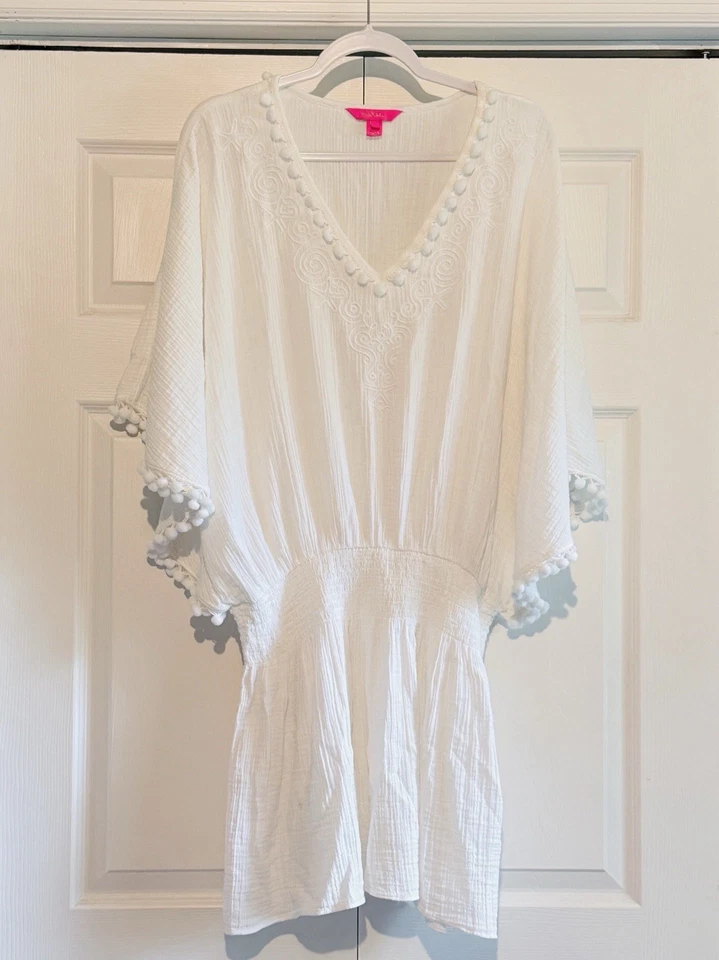 Lilly Pulitzer Amaury bestickt Schwimmen Überziehen Resort weiß Bommelborte Large