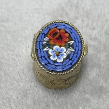 Vintage Micro Mosaic Floral Oval Gold Trinket Pill Box Mini Flowers