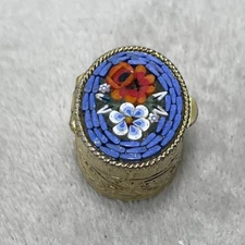Vintage Micro Mosaic Floral Oval Gold Trinket Pill Box Mini Flowers