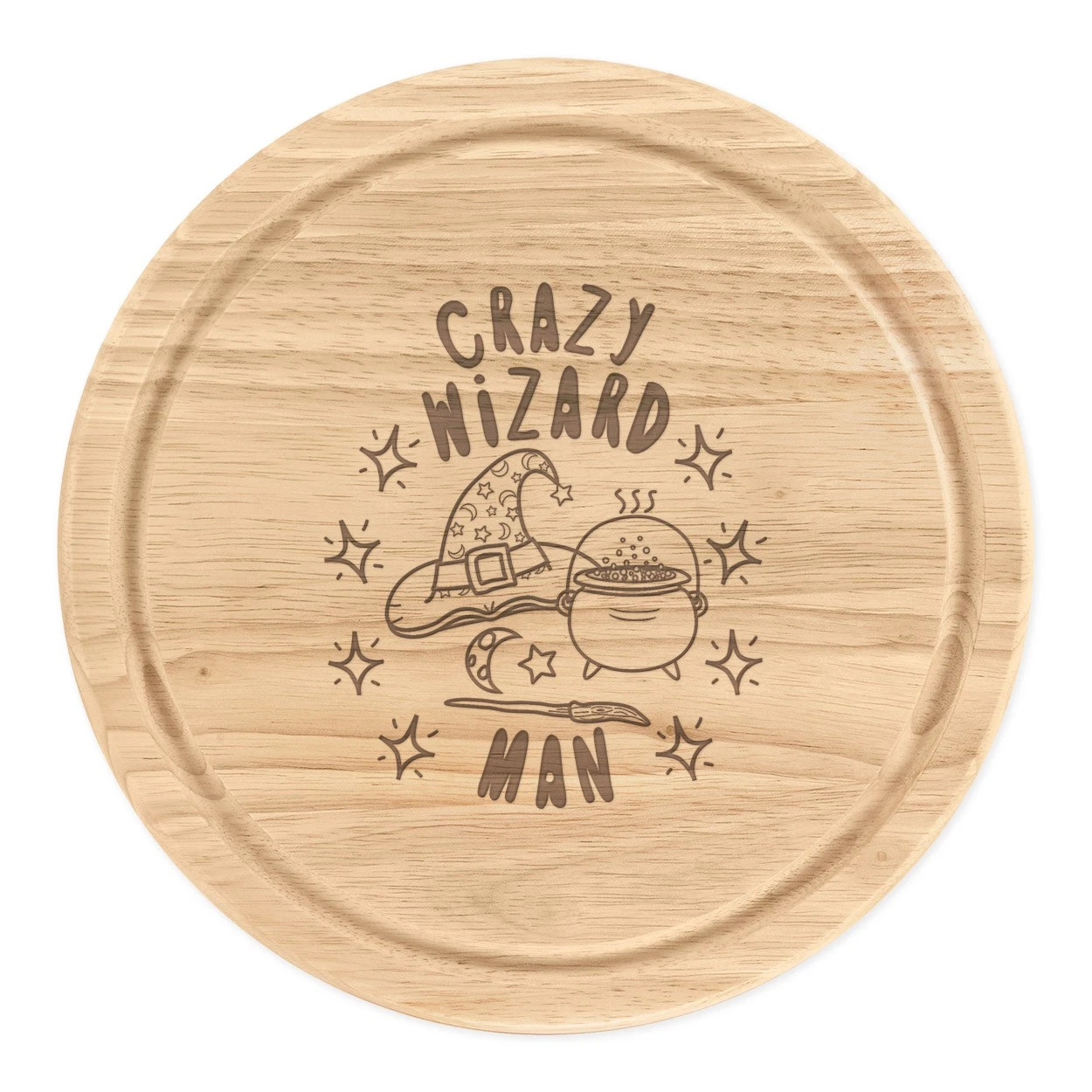 Crazy Wizard Man Stars Round Chopping Cheese Board Funny Joke Magical Spell