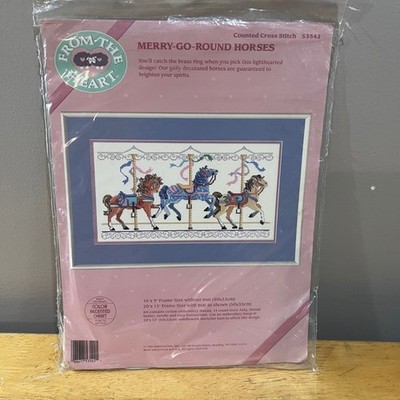 Vtg 1989 Dimensions Merry-Go-Round Horses Counted Cross Stitch Kit 53542 Nursery