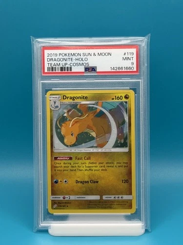 PSA 9 - 2019 POKEMON SUN & MOON DRAGONITE-HOLO TEAM UP-COSMOS