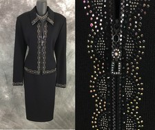 BEAUTIFUL St John evening knit black multi rhinestones embellished skirt suit 12