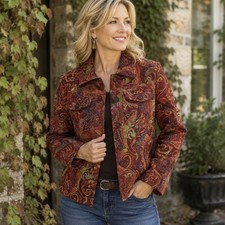 Coldwater Creek Red Paisley Tapestry Beaded Jacket Boho Art To Wear M
