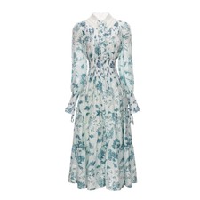 Single-breasted Floral Skirt Womens Elasticated Waist Long Sleeve Chiffon Dress