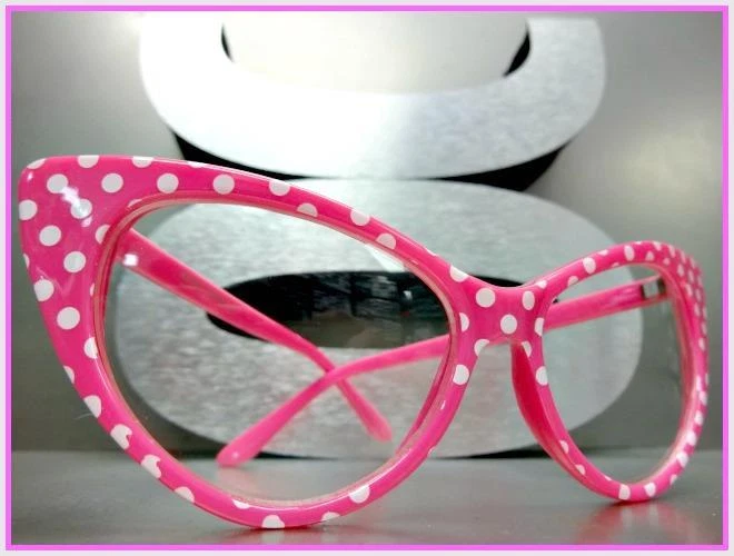 CLÁSICO RETRO OJO DE GATO Estilo Lente Transparente Gafas Marco Rosa Blanco Lunares Foto 2 de 4