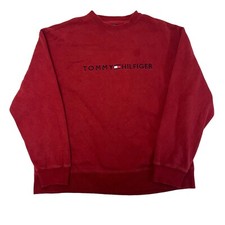 Vintage 90s Tommy Hilfiger Spell out Embroidered Sweatshirt Burgundy Mens Large