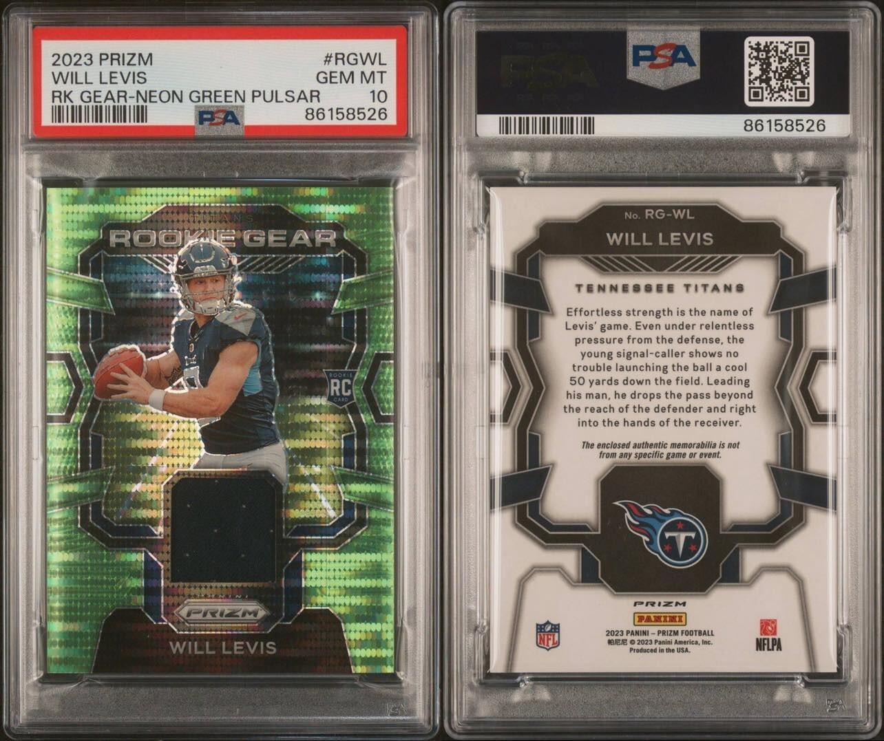 Will Levis RC, Rookie Gear-Neon Green Pulsar #RGWL - 2023 Panini Prizm - PSA 10