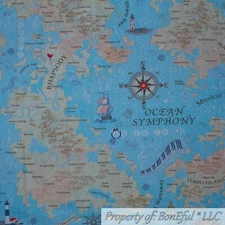 BonEful FABRIC FQ Cotton Quilt Blue Aqua Water Ocean Sea Music Scenic Island USA