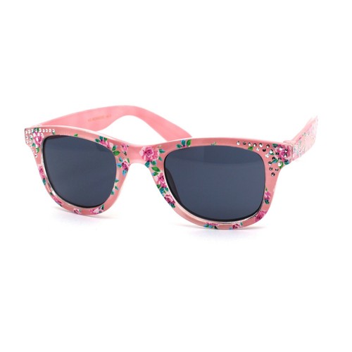Girls Kid Size Foil Dot Glitzy Flower Print Horn Rim Sunglasses - Picture 22 of 25