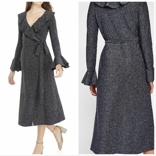 New Free People One More Time Blue Black Shimmer Ruffle Midi Wrap Dress XS - Picture 1 of 6