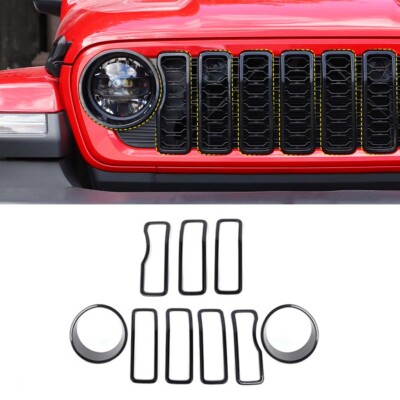 For Jeep Wrangler JL JT 24+ Front Headlight Grille Grill Cover Trim Decor Black