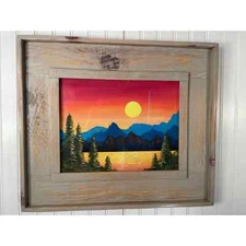 Mountain Lake Sunset Print in Handmade Rustic Distressed, Vintage Looking Frame