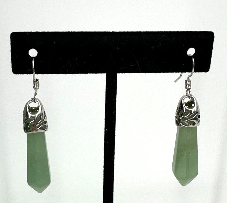 Pendientes colgantes de piedra aventurina verde pulida natural tono plata Foto 4 de 4