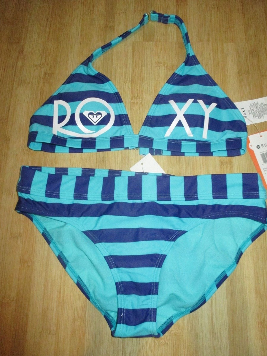 NEW* ROXY SWIMSUIT BIKINI PC $44 GIRLS 16 Blue STripes