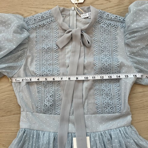Ivy City Women Dress Small Blue Chiffon Swiss Dot Tie-Neck Lace Short Sleeve - Picture 6 of 11