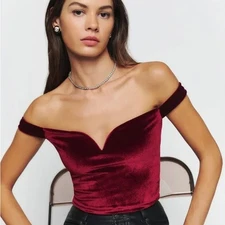 Reformation Top Womens XXS Andria Knit Red Velvet Off Shoulder Sweetheart Neck