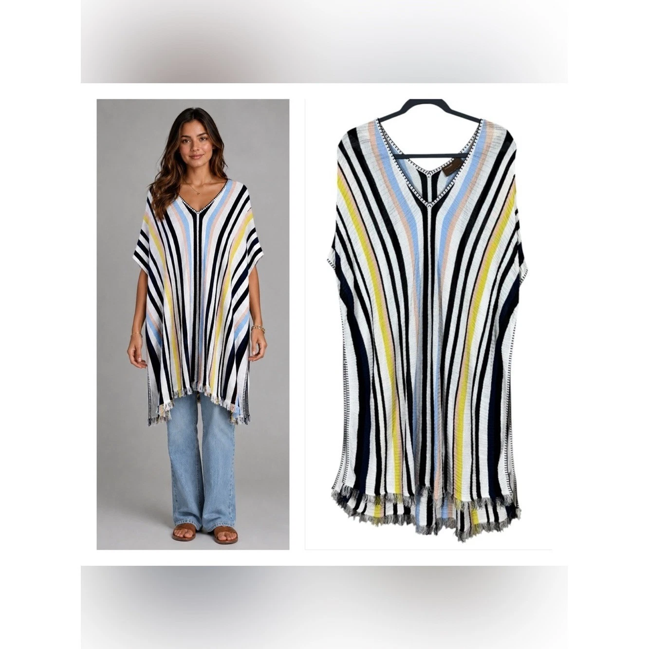 Womens Bohemian Striped Knit Poncho Duster OS Coastal Euro Summer Festival Beach