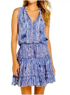 Poupette St Barth Clara Mini Dress S Blue Sleeveless Tassels Drawstring PomPom