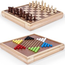13" Wooden Chess  Chinese Checkers 2-in-1 Game Set with Storage Drawer, Bonus P