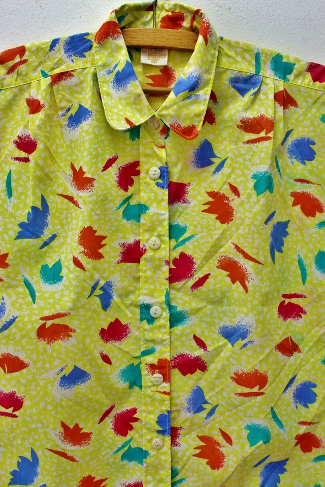 Vintage NICE DAY Hemdbluse Bluse Oberteil Gelb bunt Farbtupfen Kimono Kurzarm - Bild 2 von 4