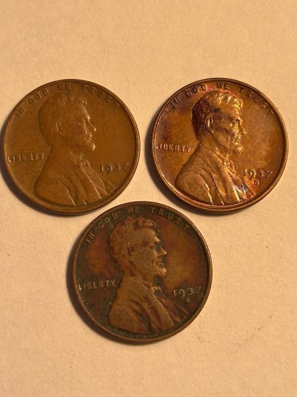 3-Coin Lot of Lincoln Cent Coins  1937 PDS