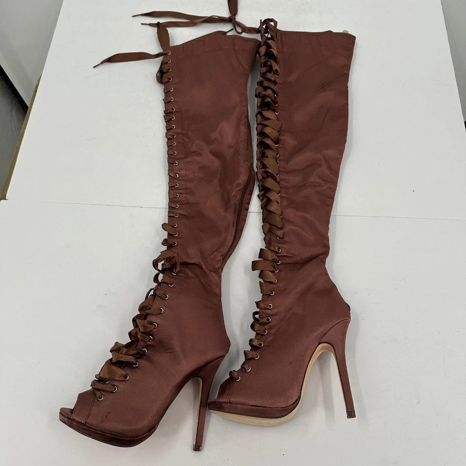 Womens Brown Satin Lace Up Over the Knee Peep Toe Stiletto Boots Size 7 - Image 3 of 4