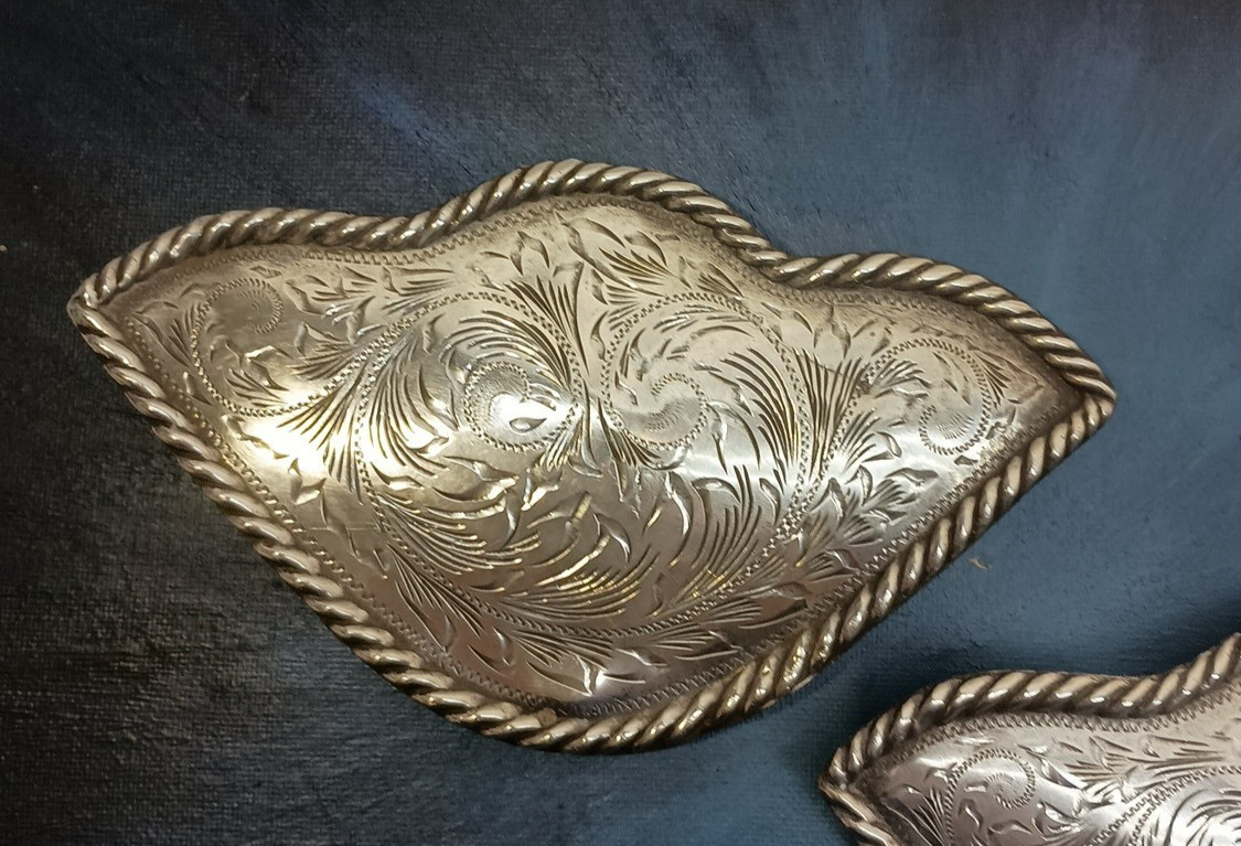 (2) Jalisco 925 Sterling Silver Western Saddle Corner Plates Floral Engraved