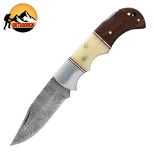 6.5" DAMASCUS STEEL Lock Back Folding Knife BONE & WOOD Handle Hunting w/ POUCH