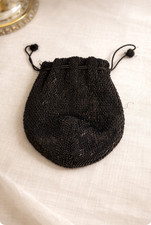 Antique Black Beaded Drawstring Purse Art Deco Flapper Coin Evening Bag